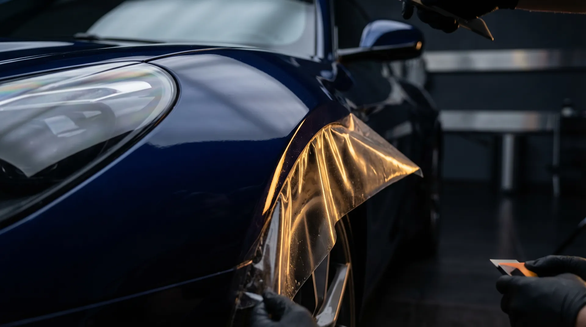 Brand new luxury car with paint protection film being installed